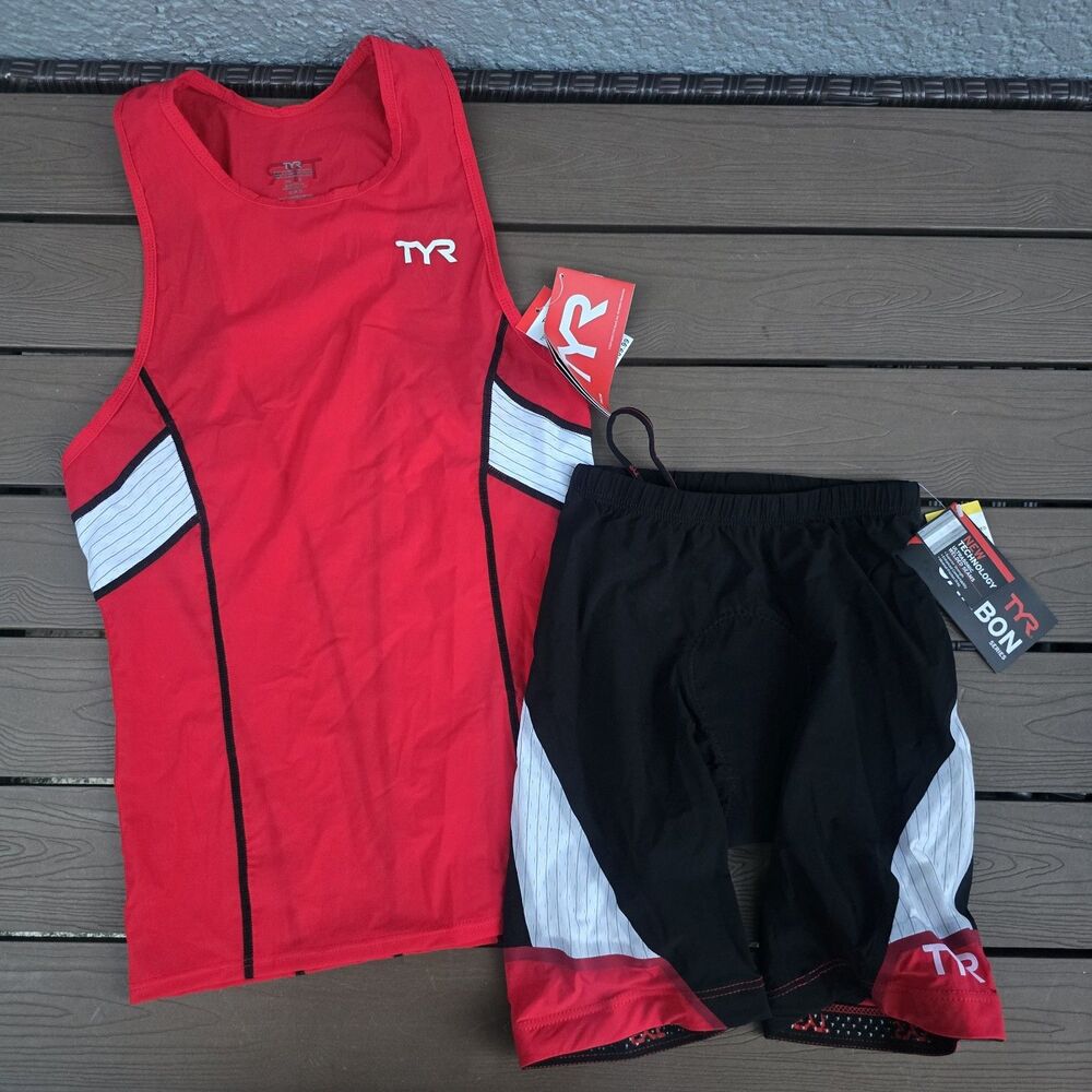 TYR CARBON Men's Red/black Tri Triathlon Tank (S)  & 6 in Padded Short XS New